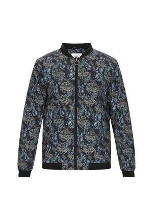 Schwarze Bomberjacke mit blau-beigem Blumenmuster, gerippten Bündchen und Kragen, Frontreißverschluss und elastischem Saum.