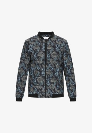 Schwarze Bomberjacke mit blau-beigem Blumenmuster, gerippten Bündchen und Kragen, Frontreißverschluss und elastischem Saum.