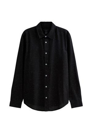 Black button-up shirt with long sleeves, featuring a subtle speckled texture and light blue buttons. Straight hem and classic collar design.