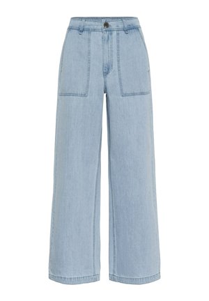 Heledad sinine laiad denim-püksid, millel on kaks esistaskut, nööbiga sulgus ja nähtavad õmbluste detailid. Kangal on sile tekstuur.