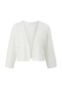 Witte cropped cardigan van ribgebreide stof; heeft een diepe V-hals en 3/4 mouwen zonder sluitingen, wat zorgt voor een open silhouet.