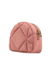 Borsa in eco-pelle color rosa blush con motivo trapuntato, forma arrotondata, chiusura con zip dorata e un piccolo accento in metallo dorato.