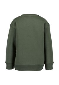 Felpa verde con scollo rotondo, polsini e vita a costine. Il tessuto appare morbido, con una texture liscia e cuciture minime.