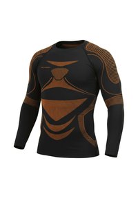 Black long-sleeve athletic shirt with brown geometric patterns. Made of stretchy material, featuring a round neck and a fitted design.