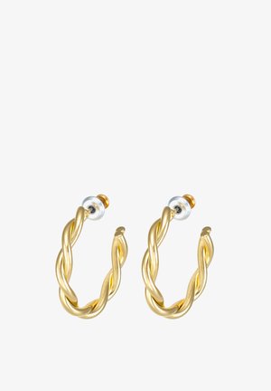 Boucles d'oreilles créoles dorées torsadées avec une surface lisse, présentant un dos transparent et une quincaillerie dorée.