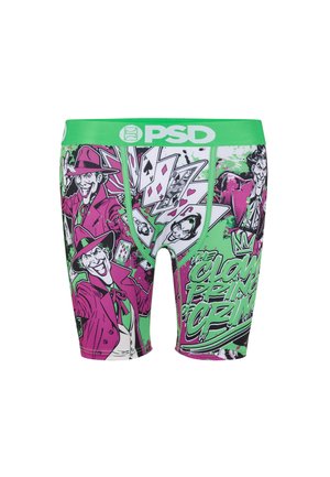 Boxer da uomo con fascia verde in vita, con volti di Joker in stile fumetto, carte da gioco e testo "The Clown Prince of Crime" in verde e viola.