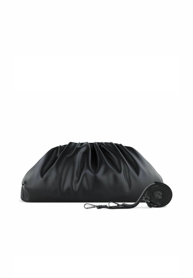 Borsa nera in pelle con un design arricciato e texture liscia. Presenta una tracolla staccabile e un branding discreto sul fronte.