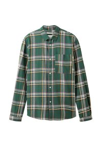 Grün kariertes Hemd mit langen Ärmeln, Knopfleiste und einer Brusttasche. Es hat weiße, gelbe und lila Linien in einem karierten Muster.