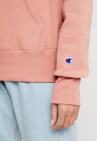 Vaaleanpunainen collegepaita resorilla varustetuissa hihoissa, jossa edessä tasku ja pienellä kirjotulla logolla varustettu hiha. Pehmeä kangas.