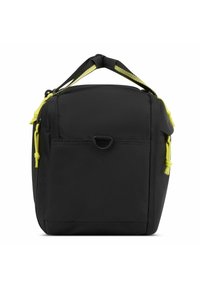 Borsa nera realizzata in tessuto resistente, con accenti gialli, design rettangolare, manico superiore e tasca frontale con una cerniera a forma di anello.