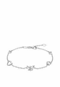 Pulsera de cadena de plata con charms de mariposa, corazón y flor. Presenta una textura metálica suave y cuentas espaciadoras redondas. Longitud ajustable.