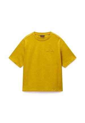 Senapsgul kortärmad T-shirt med rund halsringning och en subtil broderad "Napapijri"-logotyp på vänster bröst.