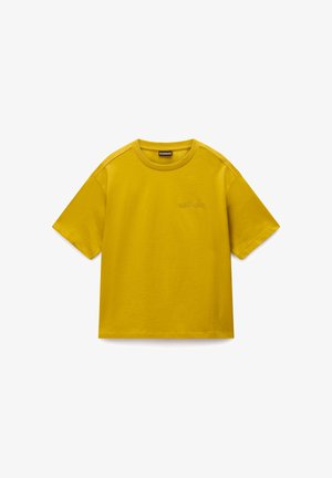 Mustard yellow short-sleeve crew neck T-shirt with subtle embroidered "Napapijri" logo on the left chest.