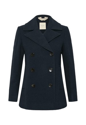 Manteau en laine bleu marine à double boutonnage avec de grands boutons noirs, larges revers en pointe et poches latérales. Présente une coupe ajustée et une texture lisse.