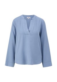 Blusa azzurra chiara con scollatura a V, maniche lunghe e orlo dritto. Realizzata in tessuto morbido, presenta cuciture pulite senza motivi.