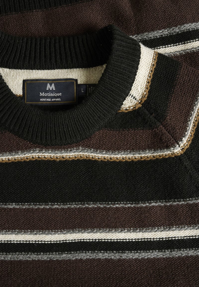 Maglione lavorato a maglia con un motivo a righe nere, marroni e crema, dotato di un collo a girocollo a costine e un'etichetta che indica "Matinique, L.".