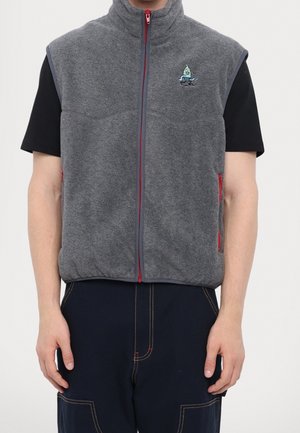 Homme portant un gilet polaire sans manches gris avec une fermeture éclair rouge et un petit écusson dessin animé sur un t-shirt noir à manches courtes et un pantalon sombre.