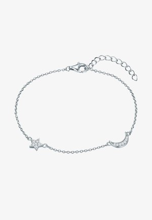 Bracciale in argento con ciondoli a stella e a luna crescente, decorato con piccole pietre trasparenti, dotato di chiusura a moschettone e lunghezza regolabile.