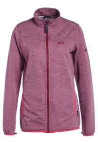 Veste en polaire rouge et violette avec col montant, fermeture éclair intégrale à l'avant et poches latérales zippées ; surface texturée et logo sur la poitrine.