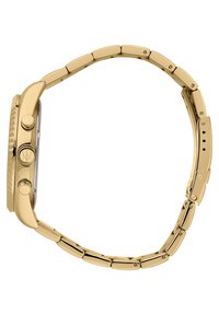 Guldtonet armbåndsur med en metalkædearmbånd, der har et rundt urkasse og to sideknapper. Glat overflade og poleret finish.