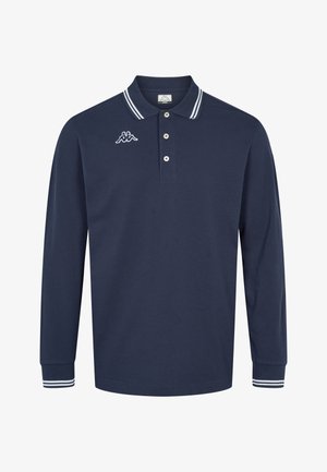 Mornarska polo majica z dolgimi rokavi, izdelana iz bombaža, s klasičnim ovratnikom, tremi gumbi in belimi črtastimi poudarki na ovratniku in manšeteh.