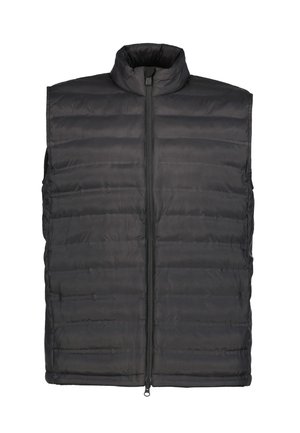 Gilet nero imbottito senza maniche con colletto in piedi e chiusura frontale con zip, mostrato disteso su sfondo bianco.