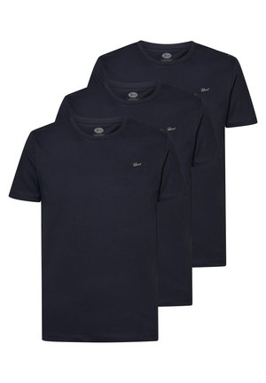 Three navy blue cotton t-shirts with short sleeves, crew neck, and a small logo on the chest, displaying a simple, classic design.