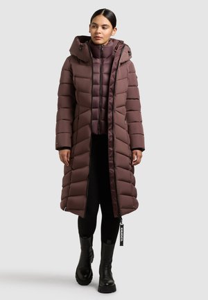 Long, puffy, dark brown winter coat with a hood, featuring a zipper closure, horizontal stitching, and a decorative tag on the side.