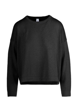 Maglione nero a maglia con scollatura rotonda, spalle basse e orlo corto. Presenta un tessuto testurizzato e polsini a costine.