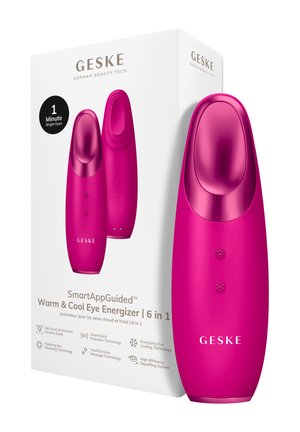 Appareil énergisant pour les yeux Geske rose vif avec fonctions de réchauffement et de refroidissement présenté à côté de sa boîte d'emballage blanche.