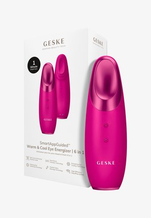 Appareil énergisant pour les yeux Geske rose vif avec fonctions de réchauffement et de refroidissement présenté à côté de sa boîte d'emballage blanche.