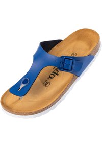 Blå läderflip-flop sandal med en texturerad korksula och vit gummisul. Utrustad med en tåpost och justerbar spännsrem.