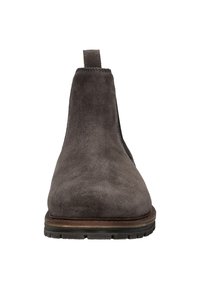 Grau Wildleder Stiefelette mit eine abgerundeten Spitze, elastischen seitlichen Einsätzen und strukturierten Gummisohle. Verfügt über eine Zuglasche an der Ferse für ein einfaches Anziehen.
