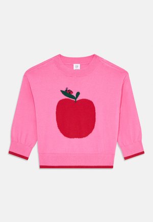 Pull-over long à manches longues pour tout-petits, de couleur rose, avec un motif de pomme rouge, une feuille verte et un petit coccinelle rouge à l'avant, ainsi que des poignets et un ourlet côtelés.