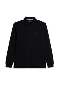 Polo de manga larga negro con cuello, tapeta de tres botones y un sutil logo en el pecho. Fabricado con una tela suave y elástica.