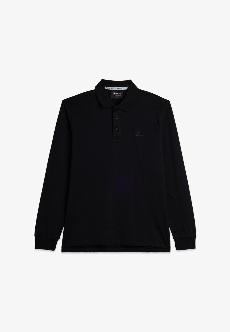 Polo de manga larga negro con cuello, tapeta de tres botones y un sutil logo en el pecho. Fabricado con una tela suave y elástica.