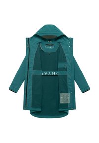 Jachetă cu glugă de culoare teal, deschisă în față, cu buzunare interioare, etichetă de marcă "NAVAHOO" și informații despre îngrijirea țesăturii pe partea interioară, în partea de jos, dreapta.