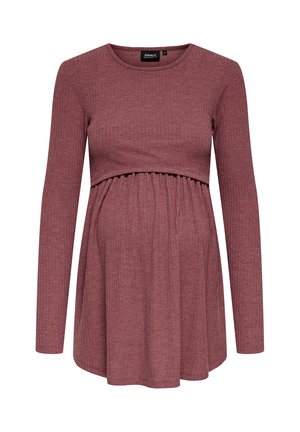 Maglietta premaman a maniche lunghe in costina color malva con vita impero arricciata e scollo rotondo.