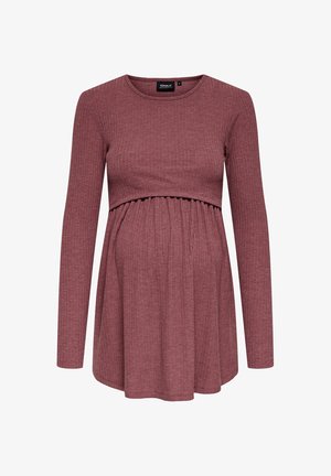 Langärmliges, geripptes Umstandstop in Mauve mit geraffter Empire-Taille und rundem Ausschnitt.