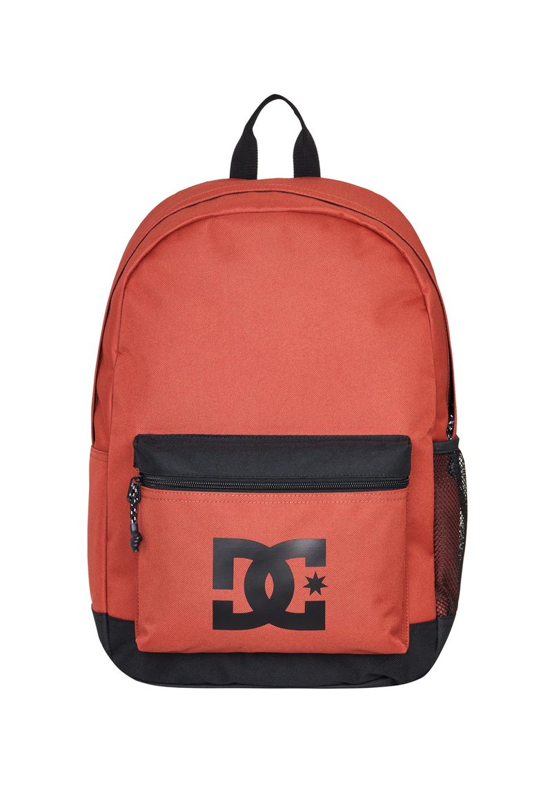 Red fabric backpack with black accents, featuring a front zipper pocket and a mesh side pocket. Logo printed in black on the front.