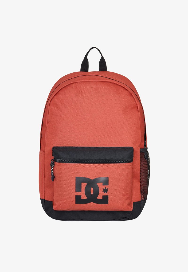 Red fabric backpack with black accents, featuring a front zipper pocket and a mesh side pocket. Logo printed in black on the front.