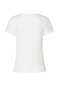 Weißes T-Shirt mit kurzen Ärmeln, das eine feine Ripptextur und einen klassischen Rundhalsausschnitt aufweist. Die Rückseite zeigt ein einfaches, unverziertes Design.