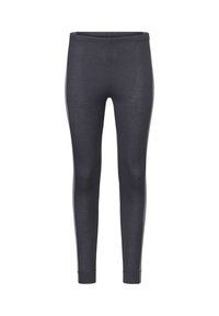 Dunkelgraue enganliegende Leggings mit schmalem Bund und Knöchelbündchen, frontseitig vor weißem Hintergrund dargestellt.
