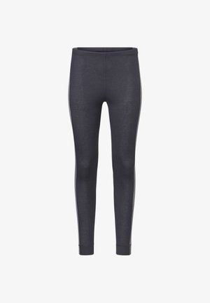 Donkergrijze, slim-fit legging met een smalle tailleband en enkelboorden, frontaal getoond tegen een witte achtergrond.
