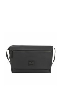 Borsa a tracolla nera in pelle con finitura testurizzata, tasca frontale con zip, cinturino regolabile e patch con logo. Design elegante e rettangolare.