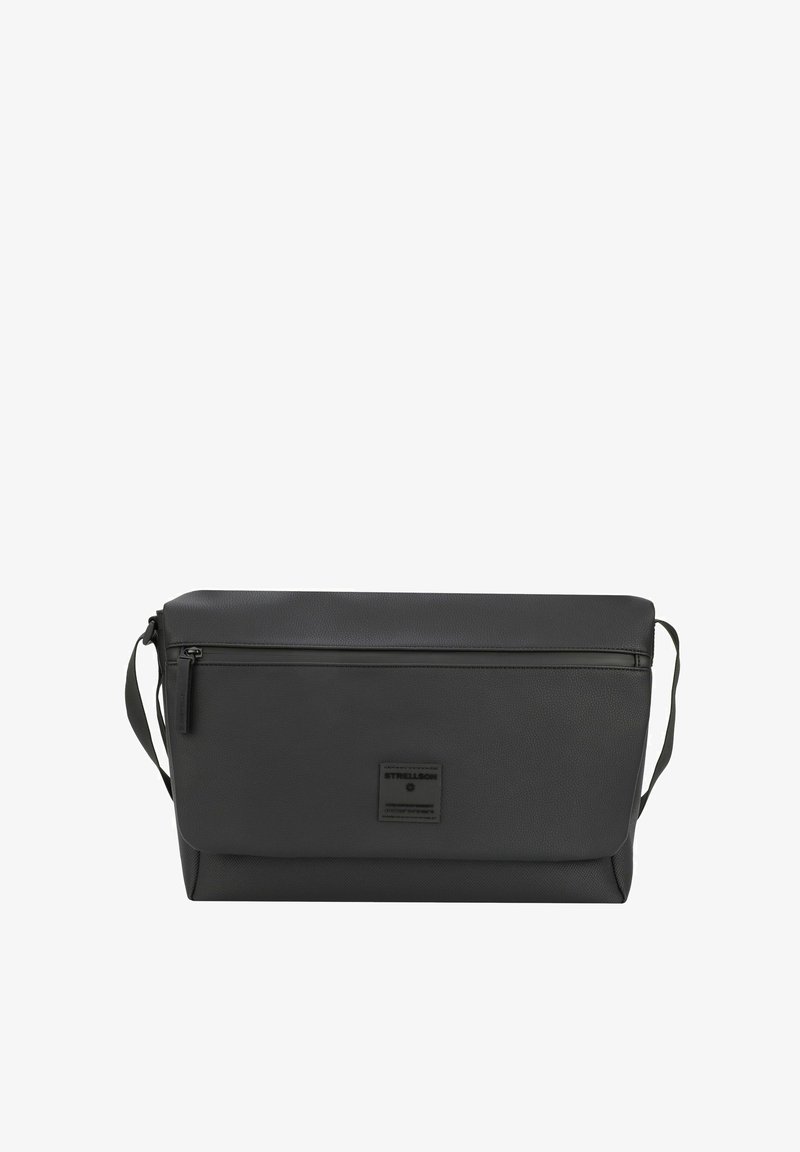 Borsa a tracolla nera in pelle con finitura testurizzata, tasca frontale con zip, cinturino regolabile e patch con logo. Design elegante e rettangolare.