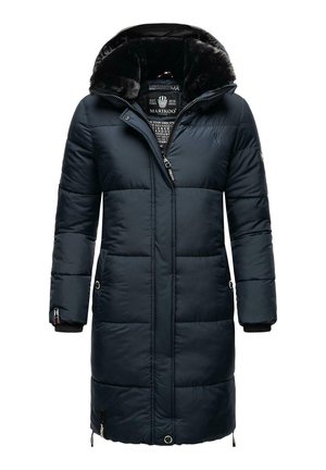 Navy blue puffer coat with a faux fur-lined hood, front zip closure, side pockets, and ribbed cuffs. Quilted design with a smooth texture.