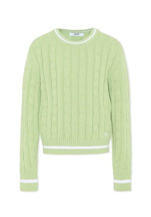 Jasnozielony sweter w warkoczowy splot z białymi paskami na kołnierzu, mankietach i dole, z okrągłym dekoltem i długimi rękawami.