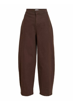 Hnědé kalhoty s vysokým pasem a širokými nohavicemi, se zapínáním vpředu na zip a knoflík, vyrobené z látky bez vzoru, zobrazené na jednoduchém bílém pozadí.