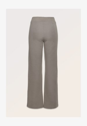 Hallid laiad hallid püksid, millel on kõrge elastne vöökoht, sujuv tekstuur ning ei mingeid nähtavaid mustreid ega metallosi.